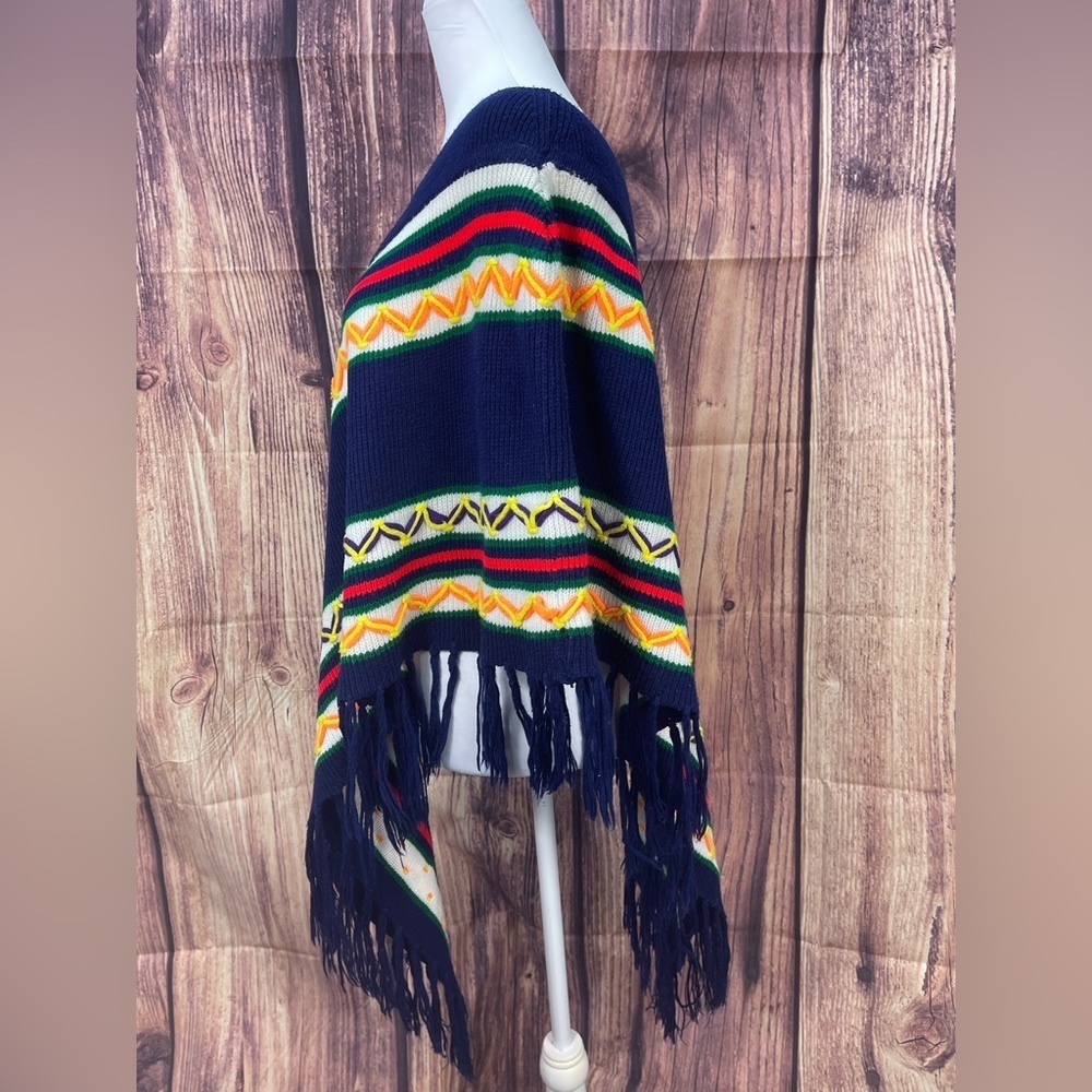 Miss Erika Inc Navy multi colored striped boho sweater poncho - Picture 3 of 14